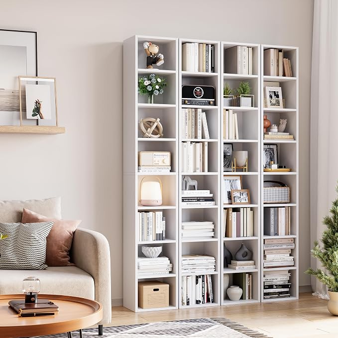 Bamjoy 71 Inches Tall Narrow Bookshelf, 8-Tier CD DVD Slim Media Tower Rack, Corner Bookcase with Adjustable Shelves, Skinny Cubes Bookshelves for Home Office Small Space, White