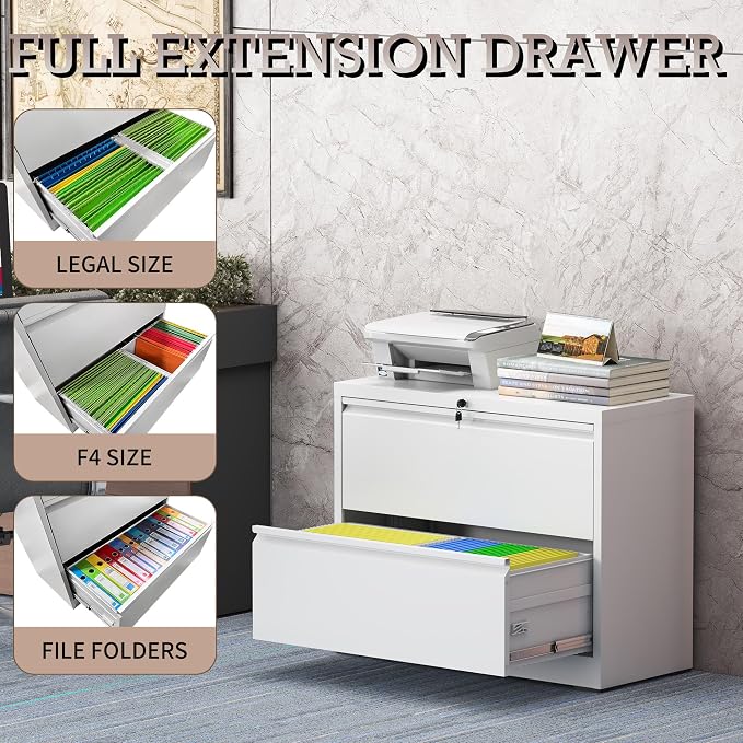 2 Drawer Lateral File Cabinet with Lock, File Cabinet, Metal Lateral Filing Cabinets for Home Office, File Storage Cabinet for Legal/Letter/A4 Documents, Assembly Required (White, 35'W)