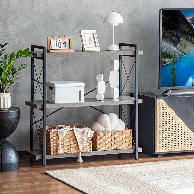 HCHQHS Bookshelf, 3-Tier Industrial Bookcase, Rustic Open Book Shelf, Freestanding Horizontal Bookshelves with Metal Frame