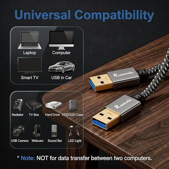 USB to USB Cable 1 ft, USB 3.0 Male to Male Type A to Type A Double Sided USB Cord for Data Transfer Compatible with Hard Drive, Laptop, DVD Player, TV, USB 3.0 Hub, Monitor and More