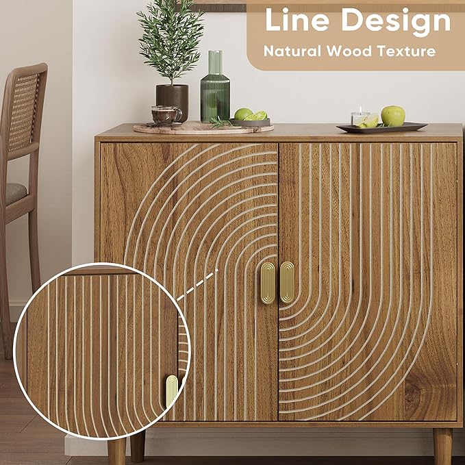 Smuxee Walnut Sideboard Cabinet, Freestanding Buffet Cabinet with Line Groove Design, Wood Storage Cabinet with Adjustable Shelf for Living Room, Entryway, Hallway