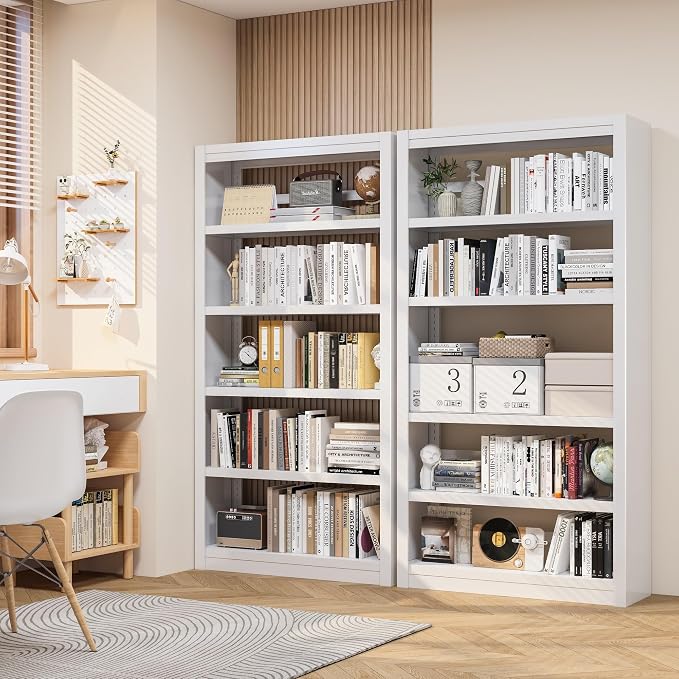 69" Tall White Metal Bookshelf, 5-Tier Adjustable Bookcase, Easy Assembly Modern Storage Shelf for Office, Home, Living Room, Library, School