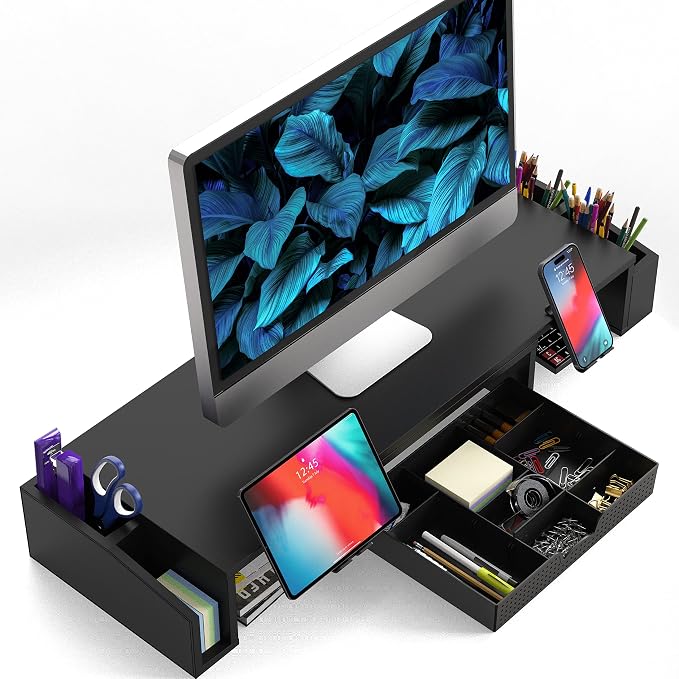 Simple Houseware Desk Dual Monitor Stand Riser with Drawer, Black