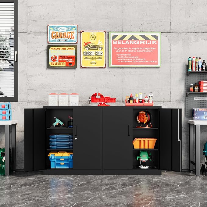 Fesbos Metal Storage Cabinet-36” Tall Steel File Cabinets with Lockable Doors and Adjustable Shelves-Black Steel Storage Cabinet for Home, School, Office, Garage