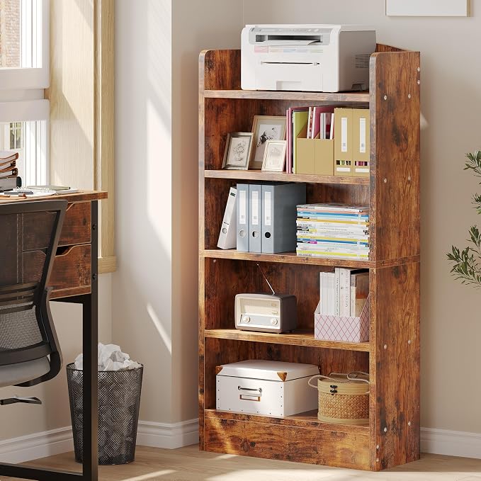 ALISENED 5-Tier Bookcase, Open Bookshelves and Bookcases with Storage Shelves, Floor Standing Unit, Display Storage Shelves for Bedroom Library Living Room Home Office, Brown