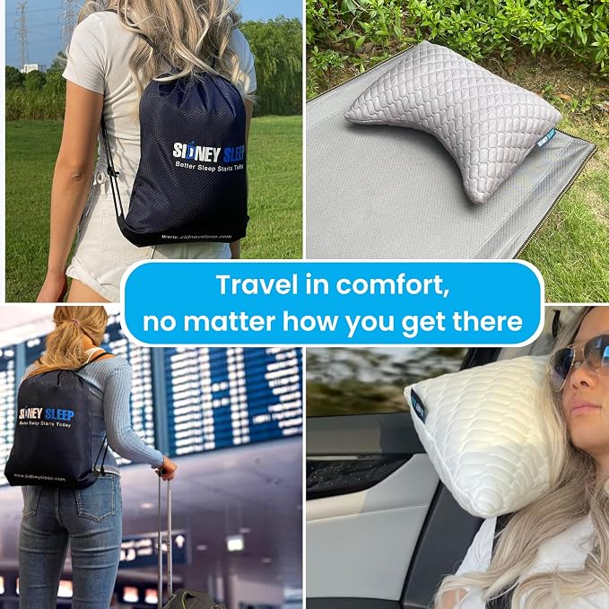 Sidney Sleep Mini Travel Size Neck Pillow - Knee, Back Lumbar and Support - Small Curved Pillow - Adjustable Fill - Washable Case - Drawstring Backpack Included - 14 x 19 Inches (Mini - Blue)