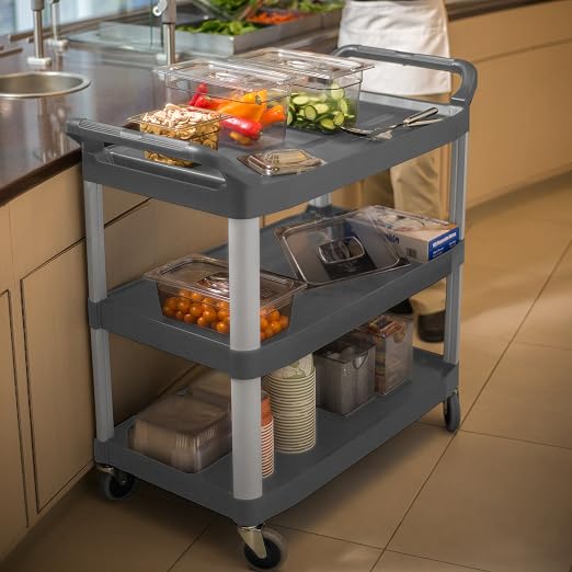 Rubbermaid Commercial Products Heavy Duty 3-Shelf Rolling Service/Utility/Push Cart, 300 lbs. Capacity, Gray, for Foodservice/Restaurant/Cleaning (FG409100GRAY)