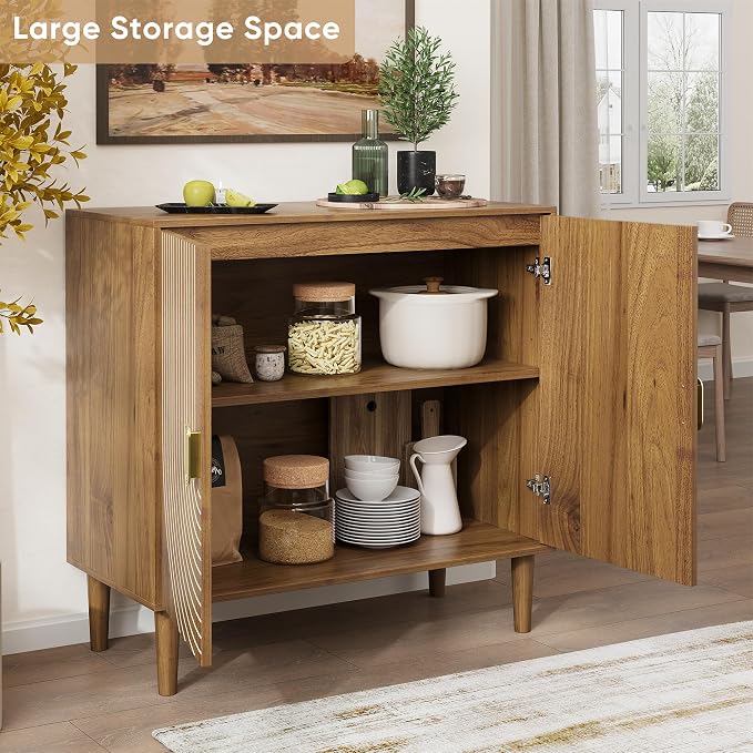 Smuxee Walnut Sideboard Cabinet, Freestanding Buffet Cabinet with Line Groove Design, Wood Storage Cabinet with Adjustable Shelf for Living Room, Entryway, Hallway