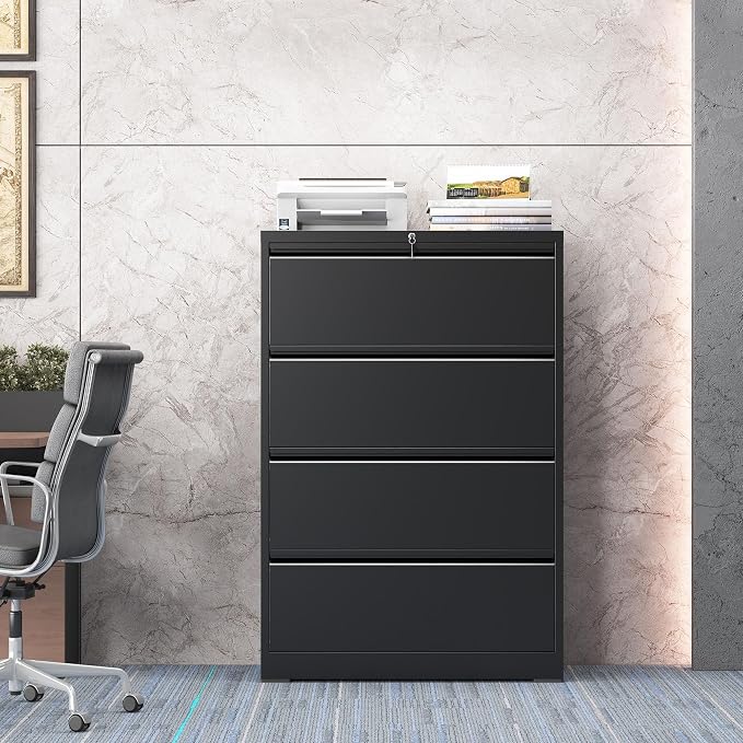 4 Drawer Lateral File Cabinet with Lock, Metal File Cabinet, Lateral File Cabinets for Home Office, Heavy Duty File Storage Cabinet for Legal/Letter/A4 Document, Assembly Required, Black