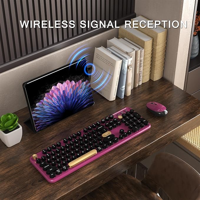 MPTOG Colorful Wireless Computer Keyboard and Mouse Combo with Round Typewriter Keycaps, Retro Design, Power Switch, Ergonomic Design, 2.4GHz Wireless for Windows, Mac, PC（Black-Claret）