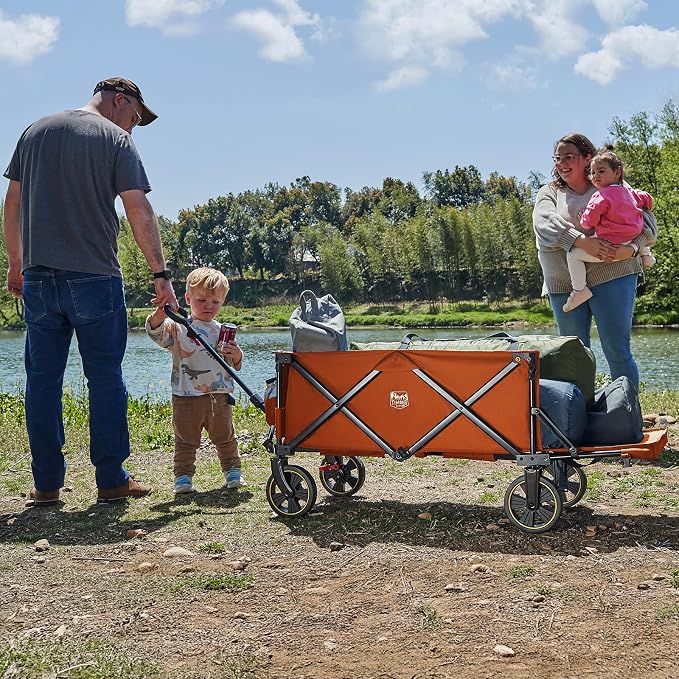 Timber Ridge 49" Extra Long Collapsible Folding Wagon with Tailgate and Brakes, 300lbs Heavy Duty Foldable Wagon with Adjustable Handle, 250L Capacity Portable Cart for Outdoor Camping Sports, Orange