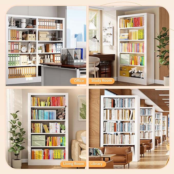 5-Tier Bookcase with Adjustable Storage Shelves, Metal Bookshelf with Book Stopper, Bookcase Shelf for Library, Office, Living Room (White(1 Column,3 Combination Bookshelves))