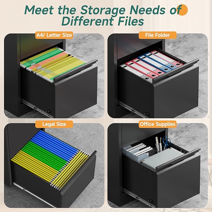 3 Drawer File Cabinet with Lock for Home Office | Small Metal Filing Cabinet, Under Desk, Vertical Organizer, Legal/Letter Size File, Easy Assembly