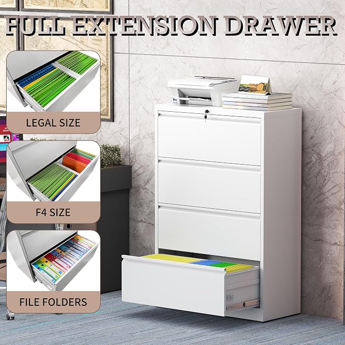 4 Drawer Lateral File Cabinet with Lock, Metal File Cabinet, Lateral File Cabinets for Home Office, Heavy Duty File Storage Cabinet for Legal/Letter/A4 Document, Assembly Required, White