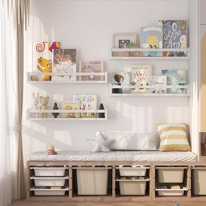 Onlysky Set of 4 Wall-Mounted Kid's Bookshelf - White Floating Nursery Book Shelves - Durable Wood Construction - Ideal for Nursery Decor, Kids Room, Toy Storage