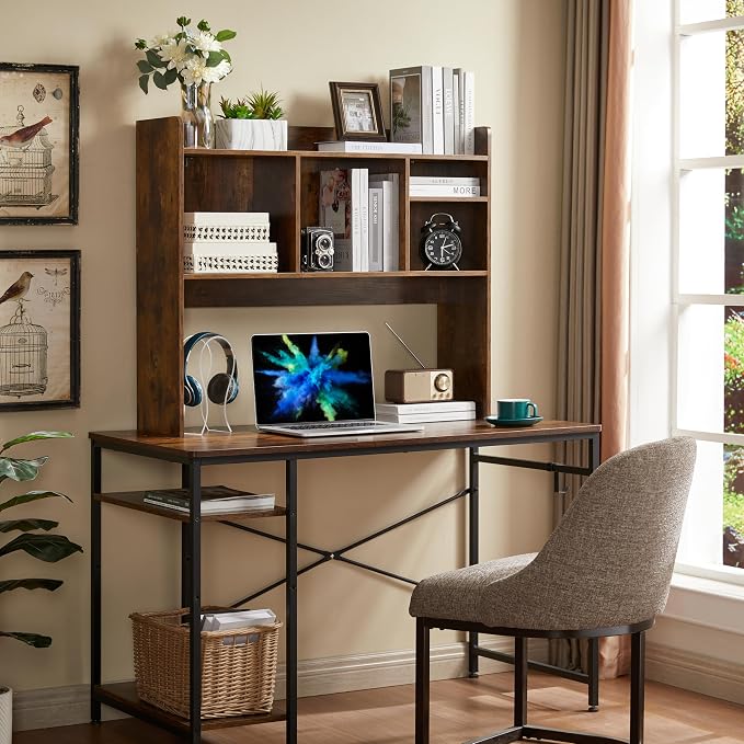 Nromant Desktop Bookshelf, Wooden Desk Storage Hutch with 6 Shelves for Computer Desk, 3-Tier Desktop Display Organizer Rack for Office Home (Brown)
