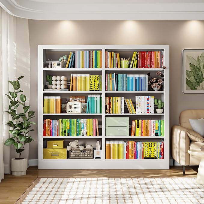 5-Tier Bookcase with Adjustable Storage Shelves, Metal Bookshelf with Book Stopper, Bookcase Shelf for Library, Office, Living Room (White-2)