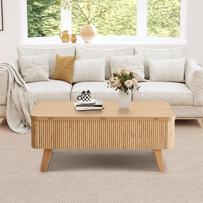3 in 1 Lift Top Coffee Table, Fluted Convertible Coffee Tables Converts to Dining Tables, Modern Oval Wooden Center Table with Storage for Living Room Office Small Space, Partial Assembly (Natural)