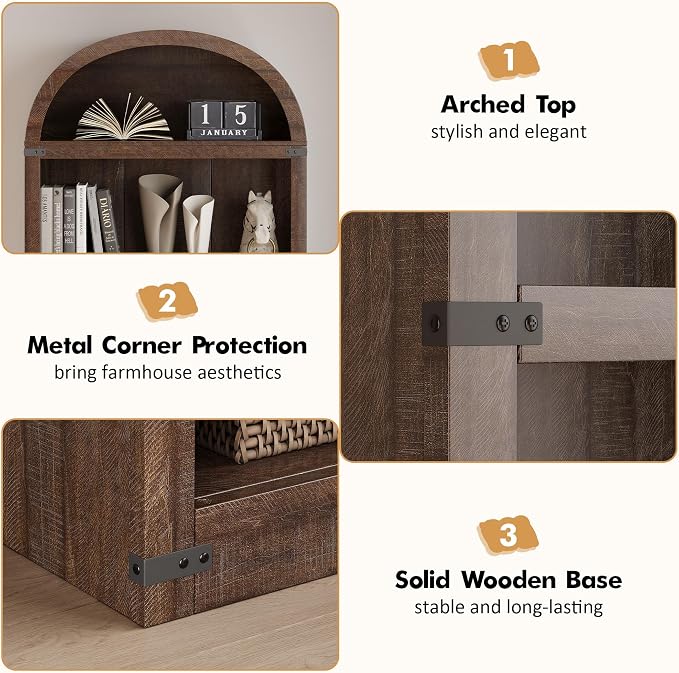 GarveeHome Bookcase 5 Shelf Arched Bookshelf 71.65in Tall Bookcase Farmhouse Display Storage Rack Wooden Bookshelves for Home Office, Living Room (Brown)