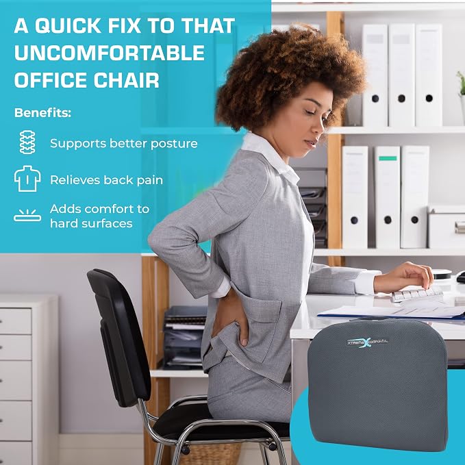 Xtreme Comforts Seat Cushions | Office Chair Cushions for Desk, Car, Wheelchair| Ergonomic Memory Foam Seat Cushion for Support & Comfort | Helps Improve Sitting Posture for Work & Body Relief