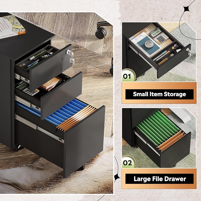 DEVAISE 3 Drawer File Cabinet with Lock, Under Desk Metal Filing Cabinets with Wheels for Home Office Fit Legal/Letter/A4 File, Assembled Except Casters,Black