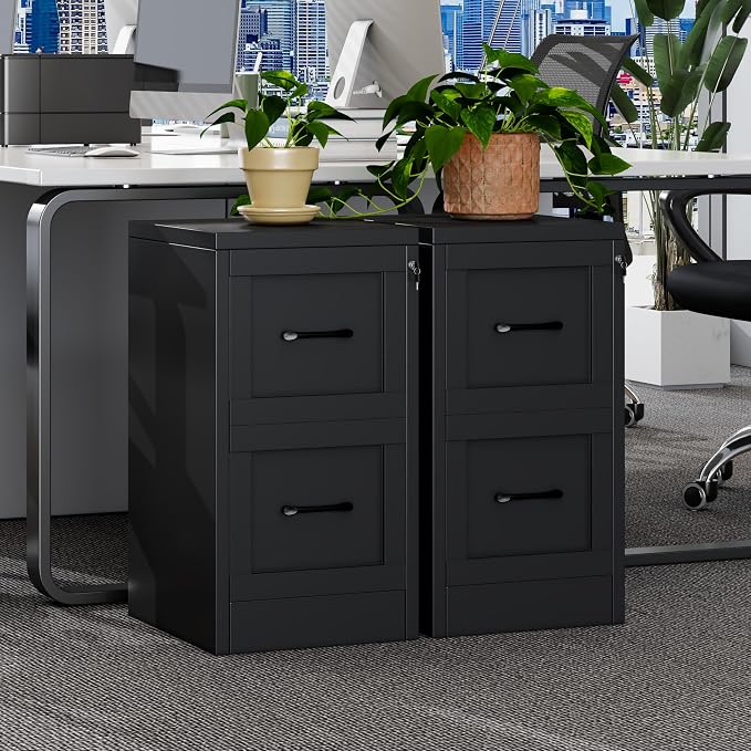 Small Metal 2-Drawer File Cabinet, Under-Desk Filing Cabinet, Black | Locking, Adjustable Hanging Rail, Fit A4, FC, Letter, Hanging File Folders for Home Office Storage Organization, 2PS