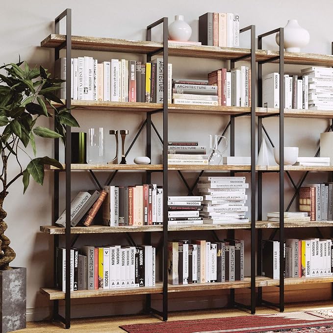 IRONCK Bookshelf, Double Wide 5-Tier Open Bookcase Vintage Industrial Large Shelves, Wood and Metal Etagere Bookshelves, for Home Decor Display, Office Furniture, 13D x 53.1W x 70H in