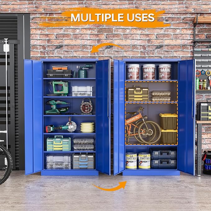 STANI Metal Garage Storage Cabinet with Lock, 71" Steel Lockable File Cabinet, Locking Steel Storage Cabinet with 5 Adjustable Shelves for Home, Office, Garage, Warehouse (Blue, 2 Door - 71" H)