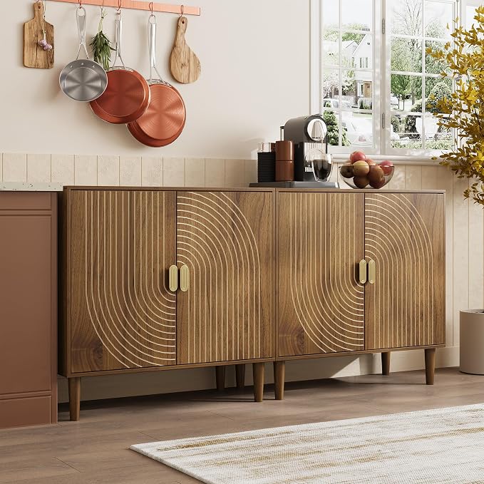 Smuxee Walnut Sideboard Cabinet, Freestanding Buffet Cabinet with Line Groove Design, Wood Storage Cabinet with Adjustable Shelf for Living Room, Entryway, Hallway