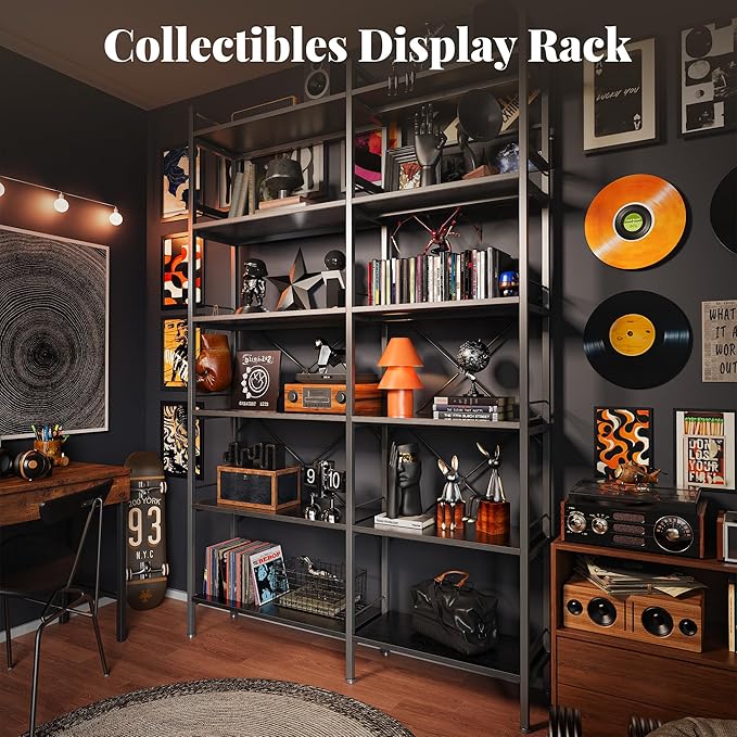 Huuger 6 Tier Bookshelf, L Shaped Corner Bookshelf with Open Shelves, 49.4 Inch Straight Wide Bookcase with Metal Frame and Wooden Board, Adjustable Feet, Black