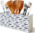 Fishing Decor, Coastal Beach Fish Pen Pencil Holder Organizer for Desk, Fishing Gifts, Blue Nautical Ocean Fishing Wooden Box Block Sign for Beach House Office Tabletop Decor