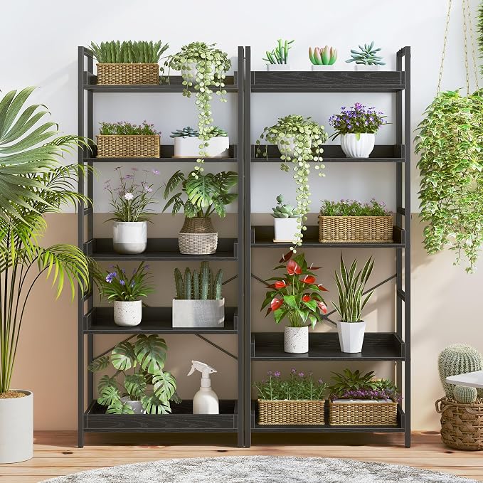 HCHQHS 5 Tier Bookshelf, Adjustable Industrial Bookcase, Vertical Tall Book Shelf, Wood and Black Metal Open Bookshelves for Home Office, Living Room, Bedroom