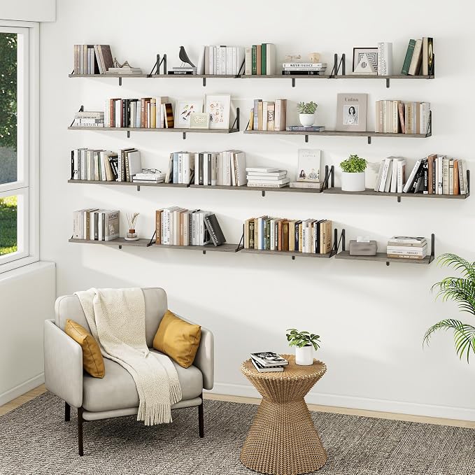 Heimlove Floating Book Shelves for Wall,23.6 Inches Wall Bookshelf Mounted Display&Storage Wood Shelves for Kitchen Bathroom Laundry Living Room,Set of 3,Silver Grey