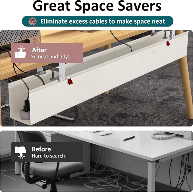 Extra Large 48" Under Desk Cable Management Tray for Standing Desk, No Drill Clamp On Wire Hider, Heavy Duty Anti-Sag Cord Organizer, Cable Tray for Studio & Dual Monitors (Beige, 47.8")
