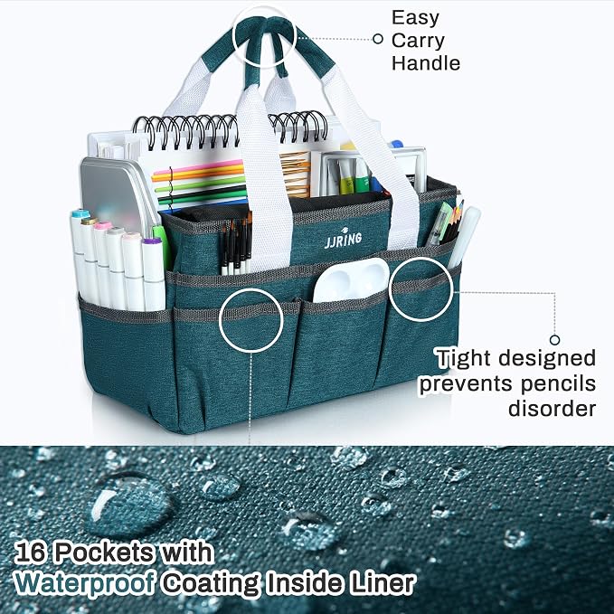 JJRING Craft Organizer Tote Bag for Art Storage, Caddy with Multiple Pockets, Bluish Green Sewing Bag for Scrapbooking, School, Medical, and Office Supplies