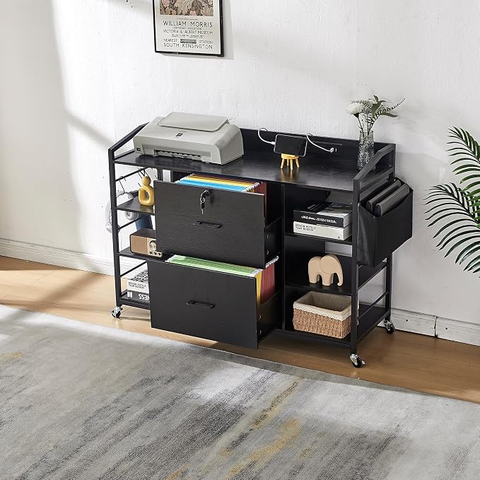 45" File Cabinet for Home Office, Mobile Office Storage Cabinet with Built-In Power Outlet, 2 Drawer Filing Cabinet with Lock, Shelves, Metal Hook, Storage Bag fits A4/Legal/Letter Size (Black)