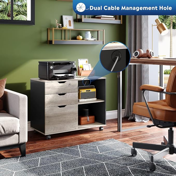 DEVAISE 3-Drawer Wood File Cabinet, Mobile Lateral Filing Cabinet, Printer Stand with Open Storage Shelves for Home Office, Greige