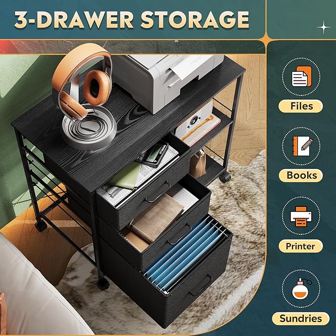 DEVAISE 3 Drawer Mobile File Cabinet, Rolling Printer Stand with Open Storage Shelf, Fabric Lateral Filing Cabinet fits A4 or Letter Size for Home Office, Black