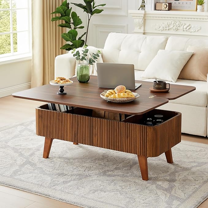 3 in 1 Lift Top Coffee Table, Fluted Convertible Coffee Tables Converts to Dining Tables, Modern Oval Wooden Center Table with Storage for Living Room Office Small Space, Partial Assembly (Walnut)