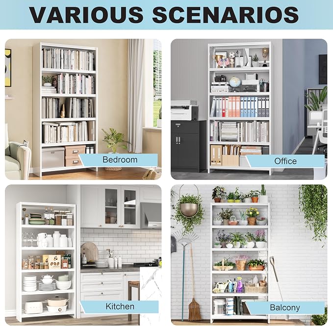 69" White Bookshelf, 5 Tier Tall Bookcase with Bookend, Large Metal Book Shelf Display Storage Shelves for Bedroom Living Room Office