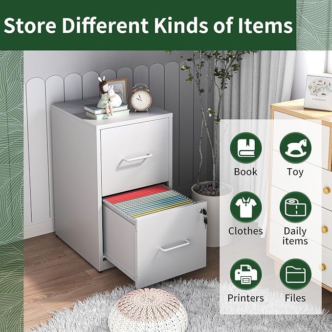 2 Drawer File Cabinet, Vertical File Cabinets with Lock for Home Office,Heavy Duty Office Steel Filing Cabinet for Hanging Letters/Legal/A4, Assembly Required (White)