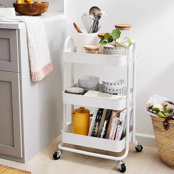 Basics 3-Tier Rolling Utility Cart, Storage Organizer, Lockable Wheels, Multifunctional Storage, Portable Mobile Shelving Unit, White