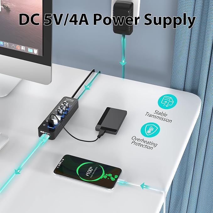 vantisan USB Hub 3.0 Powered, 7 Ports USB Data Hub Splitter with One Smart Charging Port and 5V/4A Powered Adapter and ON/Off Switches for MacBook, Mac Pro/Mini, iMac, Surface Pro Laptop/PC
