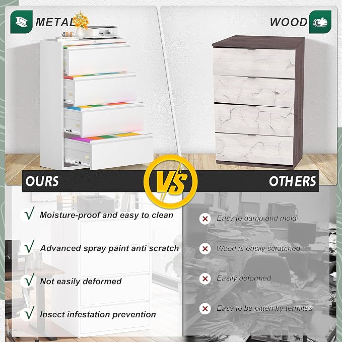 Superday Lateral File Cabinet 4 Drawer, Filing Cabinets with Lock, Large Deep Locking Metal File Cabinets Two Drawer Filing Cabinet for Home Office/Legal/Letter/A4/F4(White)