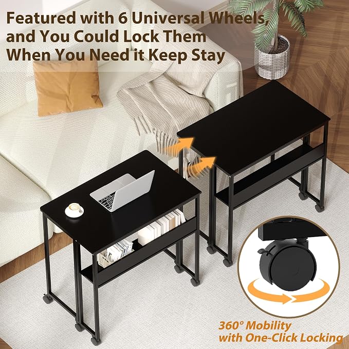 Folding Desk with Storage Shelf, 31.5 Inch Foldable Computer Table with Wheels for Small Spaces,Space Saving Sofa Table for Couch, Rolling Writing Work Office Computer Desk, Easy to Fold,Black