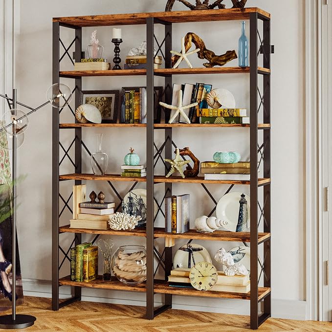 IRONCK Bookshelf Double Wide 6-Tier 76" H, Open Large Bookcase, Industrial Style Shelves, Wood and Metal Bookshelves for Home Office, Easy Assembly