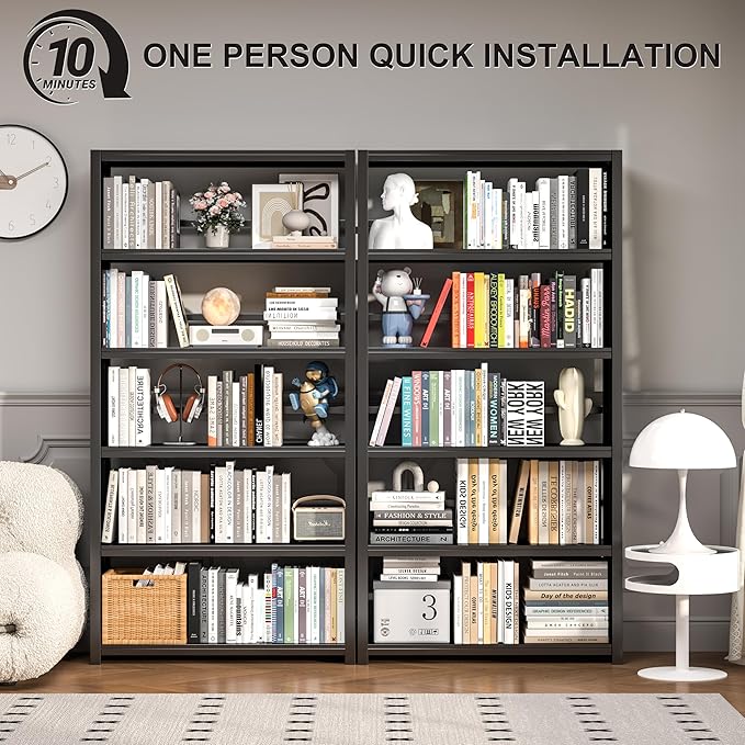 5 Tier Metal Bookshelf, Black 69" Tall Bookcase, Large Heavy Duty Book Shelves, Industrial Wide Book Shelves, Display Storage Shelves for Library Bedroom Living Room Office
