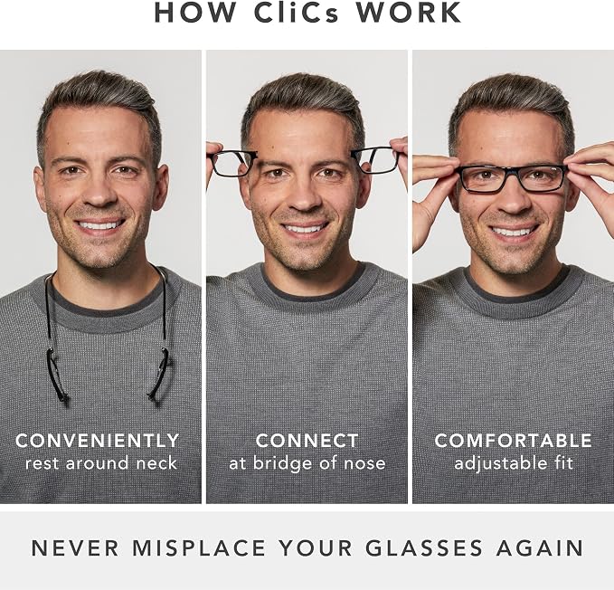 Clic Magnetic Reading Glasses - Adjustable Neck Hanging Readers - Secure Fit with Rigid Headband - Original (S-M, Smoke, 2.50)